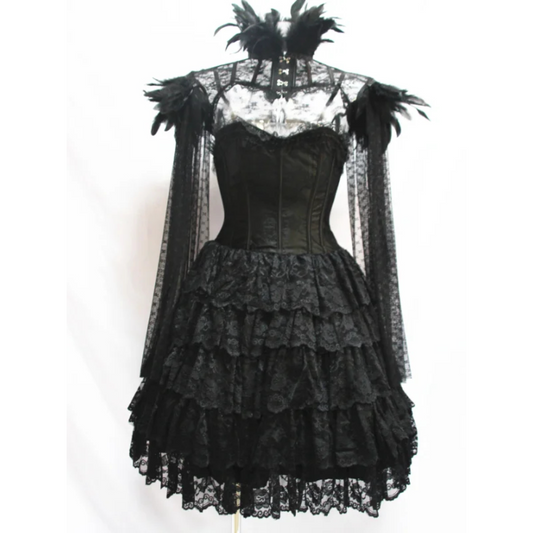 Gothic Dark Lace-up Tiered Dress with Mesh Shawl