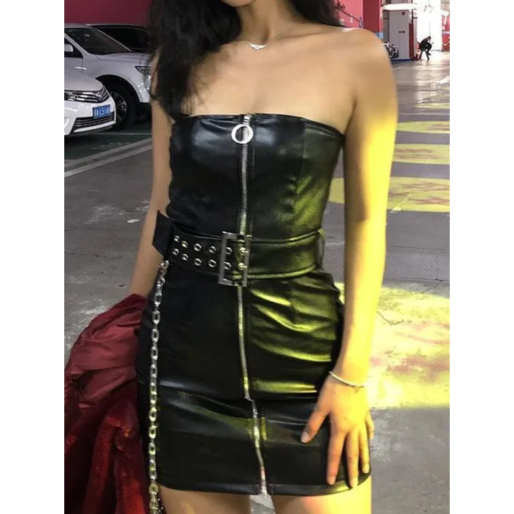 Zipper Off-Shoulder  Bodycon Leather Dress