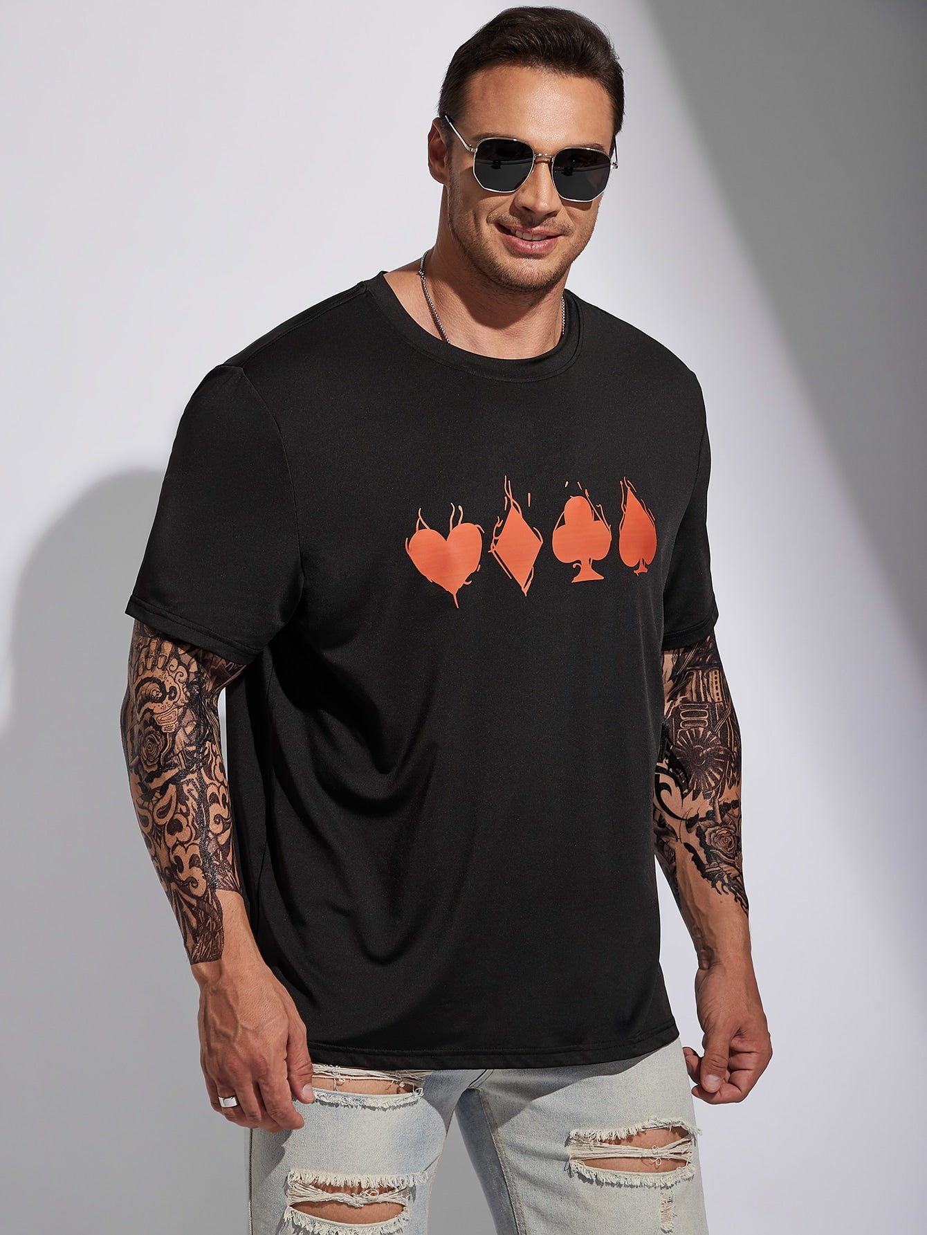 Extended Sizes Men Playing Card Print Tee
