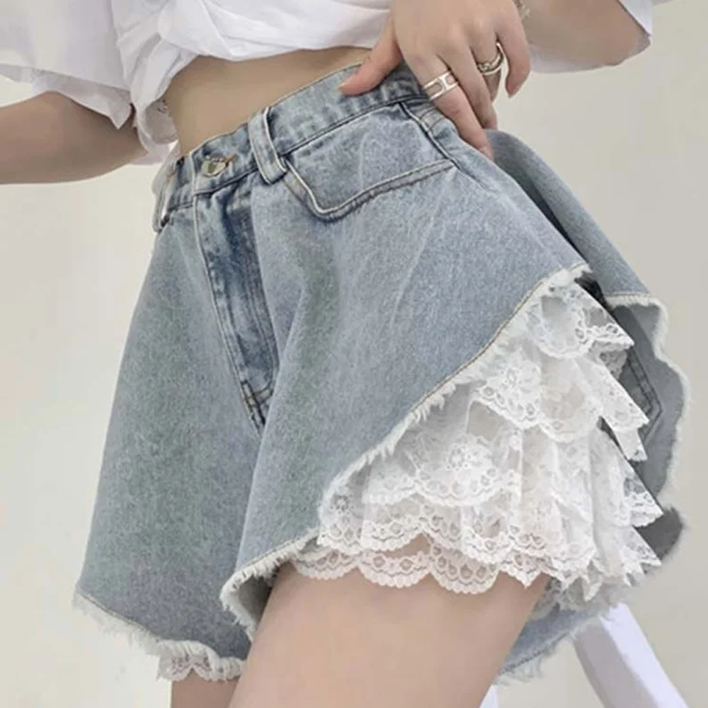 High Waist Lace Undershorts Denim Shorts