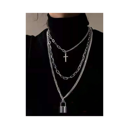 Gothic Dark Punk Style Street Silver Layered Necklace with Cross and Lock Pendants