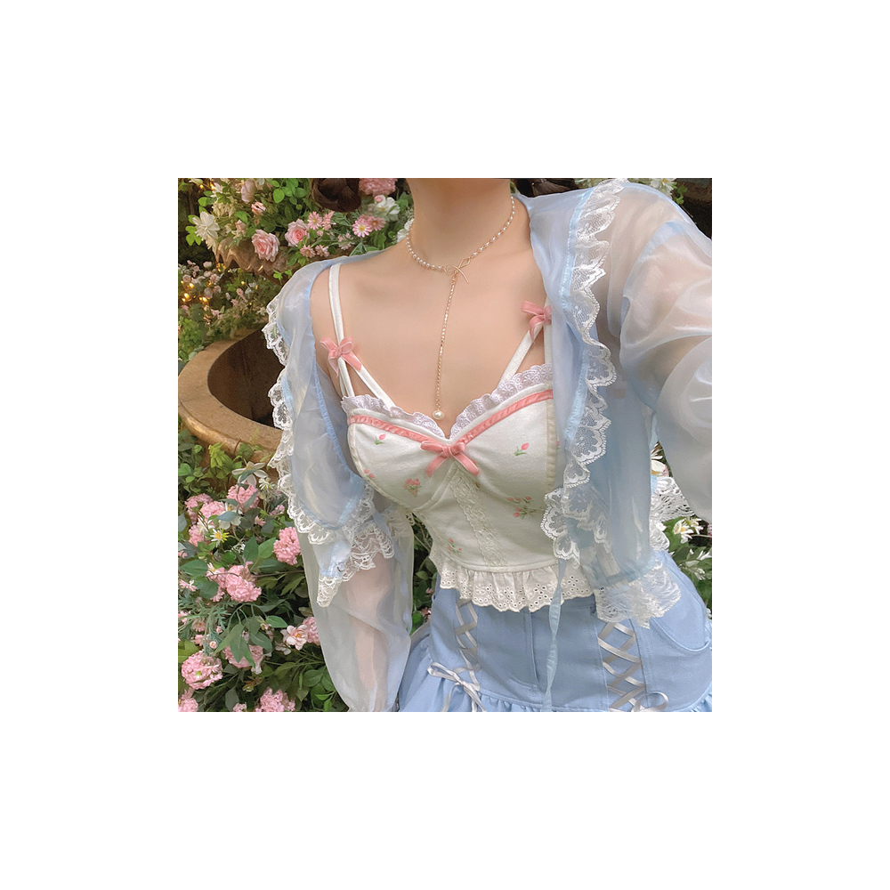 Vintage Sweet Spring Summer Girl Princess Tulip Bow Lace Light Pink White Bra Camisole Tank Top