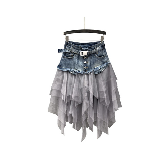 Women Denim Mesh Patchwork Skirt High Waist A Line Asymmetric Frill Tulle Gothic Chic Skirts