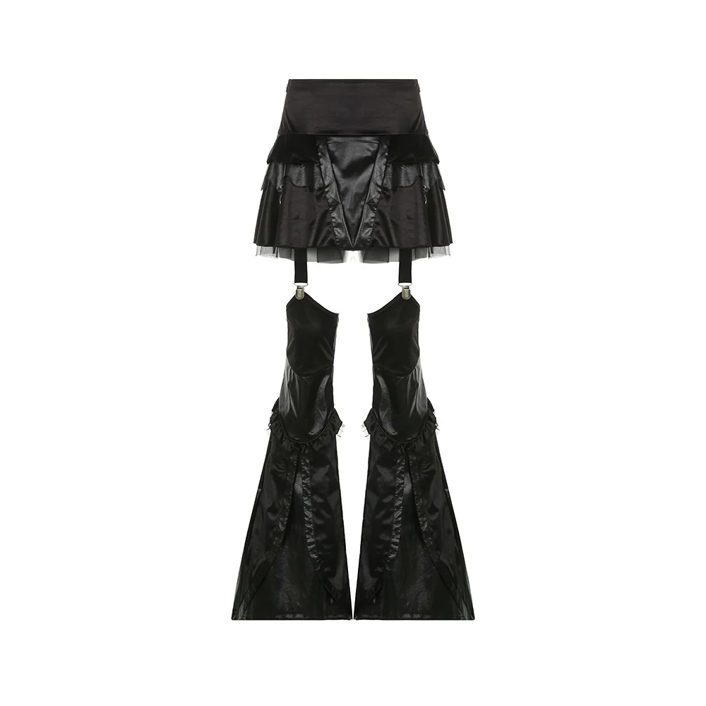 Gothic Black Paneled Hollow Stitching Skater PU Skirt Trousers