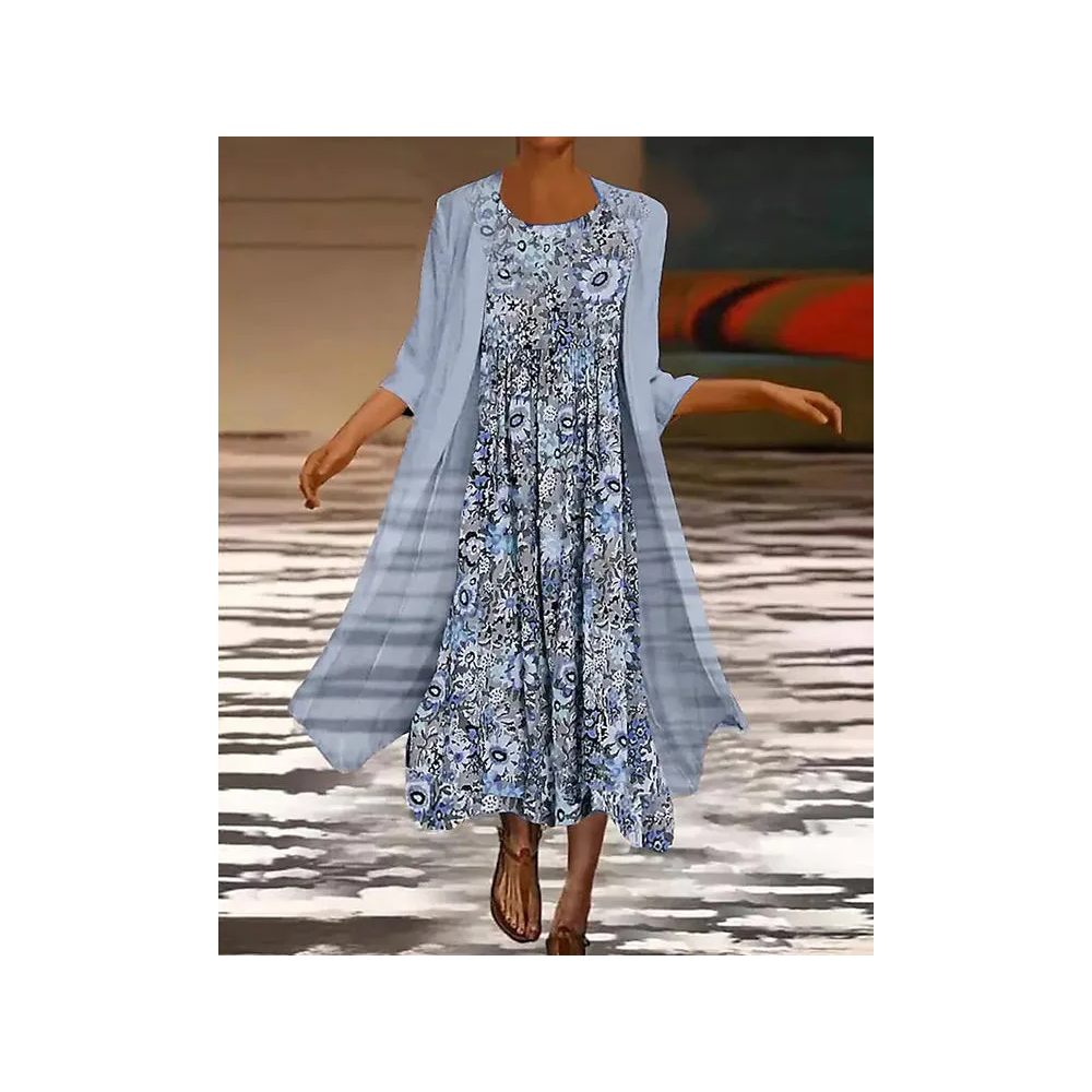 Two-Piece Loose Casual Floral Print Midi Dress – Herlulu
