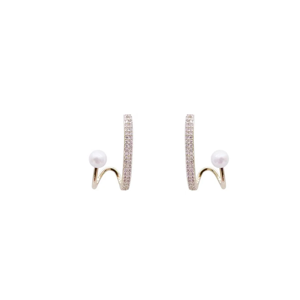 Micro-inlaid Zircon Double Vertical Bar Pearl Earrings