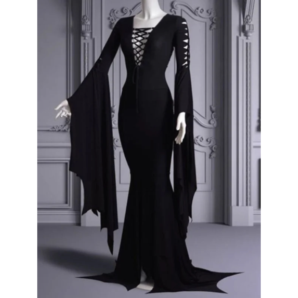 Goth Vintage Lace Up V Neck Long Sleeve Bodycon Dress