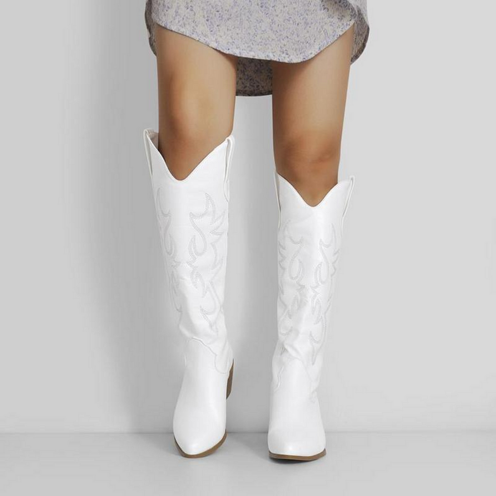 White Embroidery Wooden Heel Western Boots