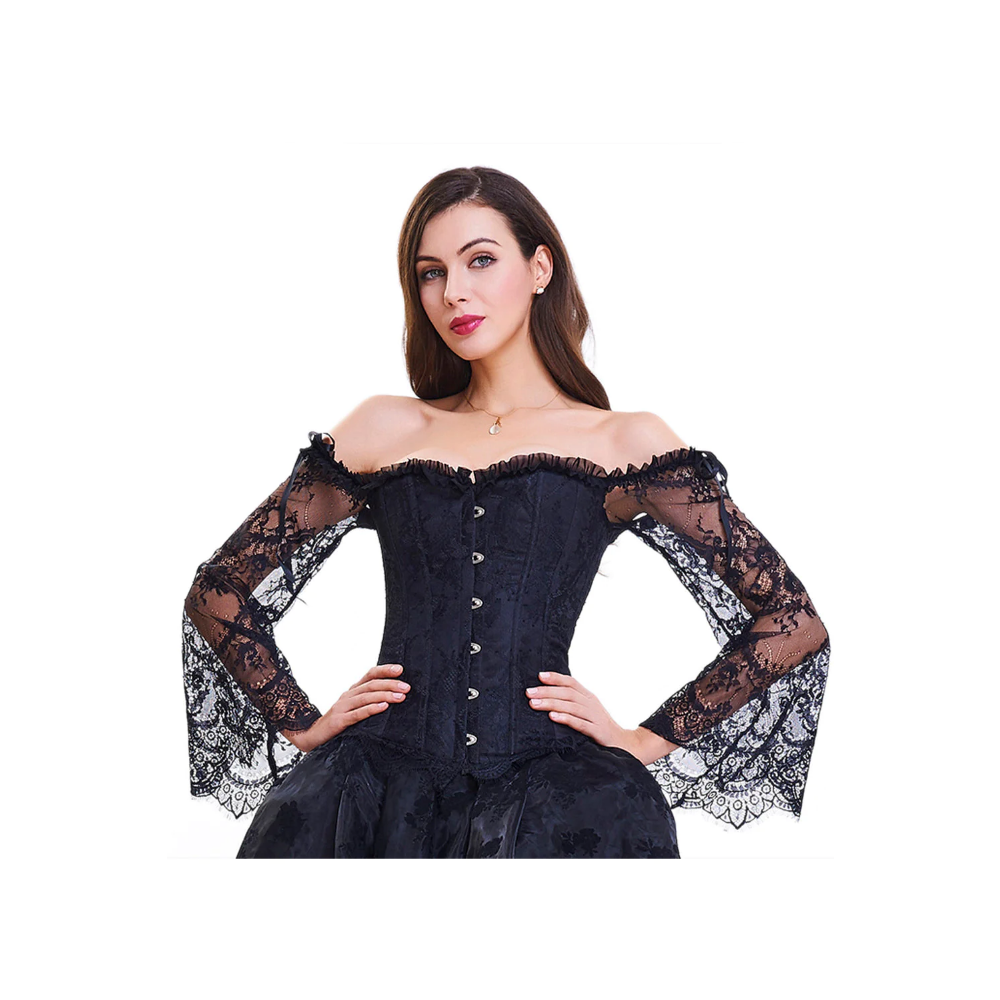 Atomic Black Overbust Corset with Floral Lace Sleeves